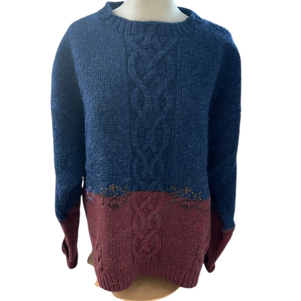 Woolrich wool vintage 90s blue burgundy intarsia cable knit crew neck sweater XL